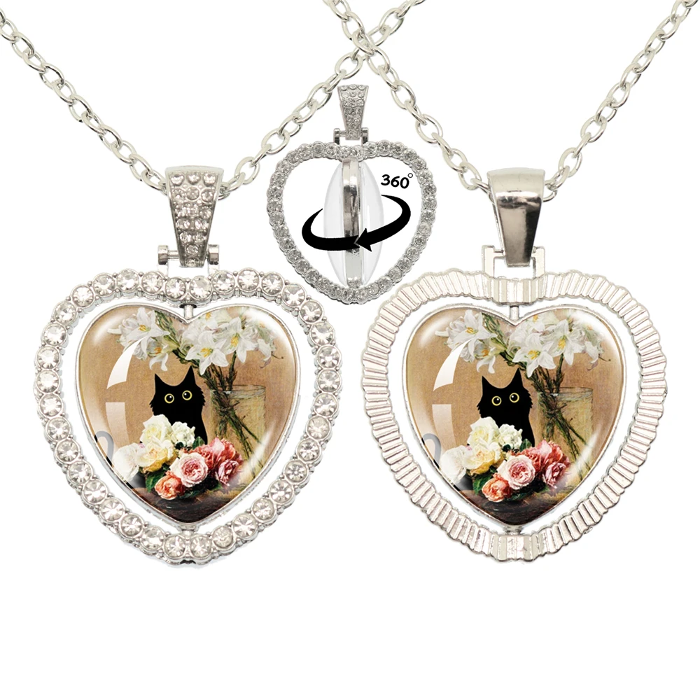 Lovely Little Cat Glass Cabochon 360 Degree Rotating Heart Shaped Pendant With Double-Sided Necklace For Girls' Birthday Gift Je