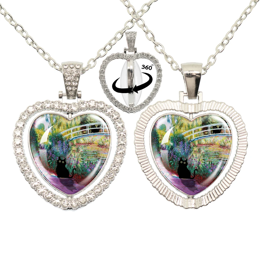 Lovely Little Cat Glass Cabochon 360 Degree Rotating Heart Shaped Pendant With Double-Sided Necklace For Girls' Birthday Gift Je