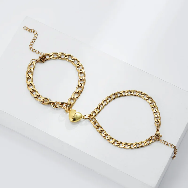 2Pcs/set Magnet Couple Bracelets Heart Attraction Bracelet Stainless Steel Charm Simple Cuban Chains Key Lock Jewelry Gifts
