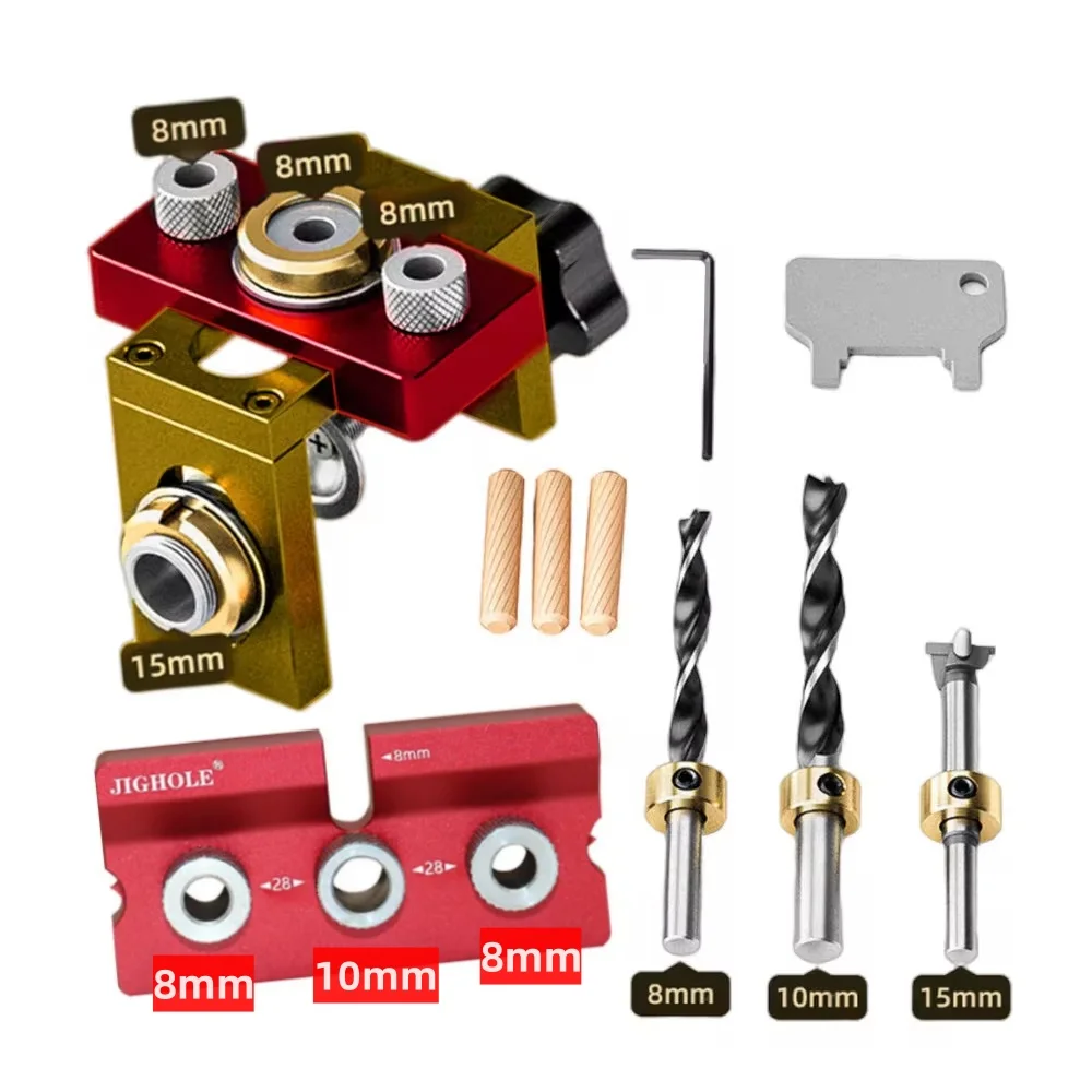 Woodworking 3 In 1 Doweling Jig Kit -Adjustable Wood Dowel Punch Locator Aluminum Pocket Hole Jig, Cabinet Hole Drill Guide Tool
