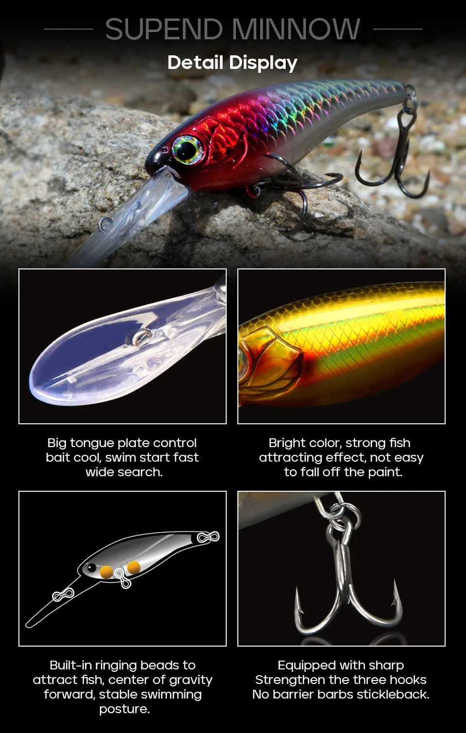 LETOYO Suspending Minnow 3.8g 6g 10g 0-4m Depth Deep Dive Artificial Bait Trout Bass Lures For Pike Minnow Fishing Lures