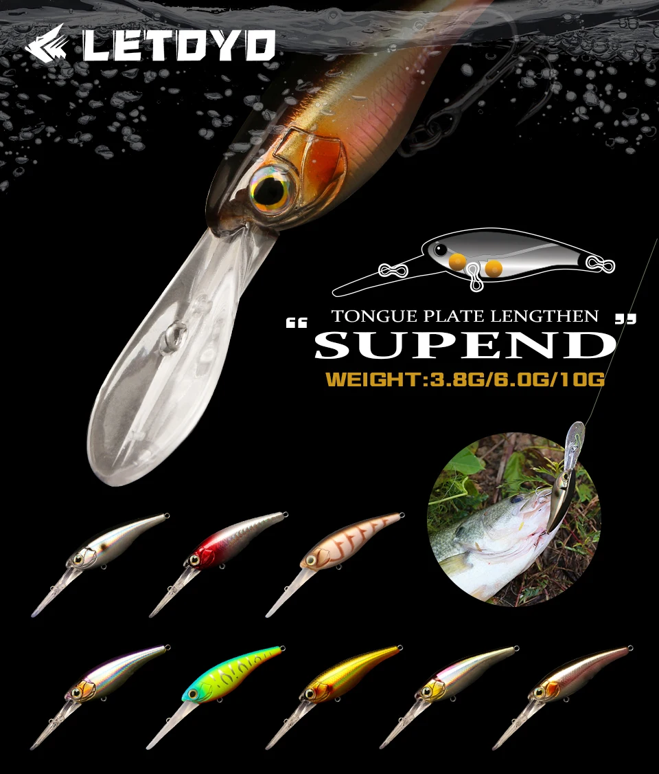 LETOYO Suspending Minnow 3.8g 6g 10g 0-4m Depth Deep Dive Artificial Bait Trout Bass Lures For Pike Minnow Fishing Lures