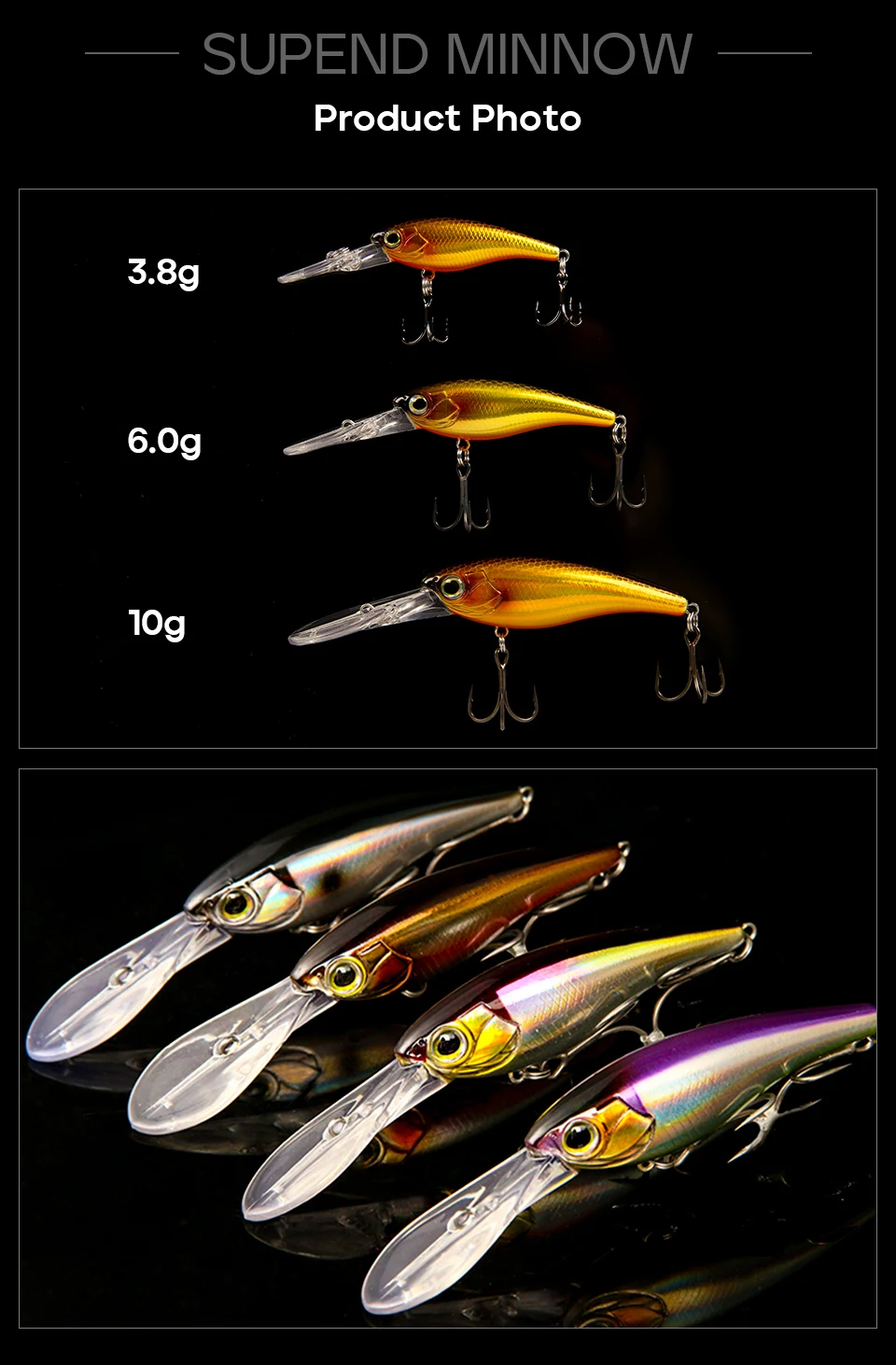 LETOYO Suspending Minnow 3.8g 6g 10g 0-4m Depth Deep Dive Artificial Bait Trout Bass Lures For Pike Minnow Fishing Lures