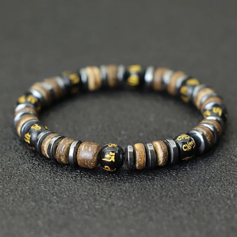 New Vintage Men Bracelet Stone Natural Wooden Braclet Homme Hematite Tiger Eyes Braslet Coconut Bead Brazalete Pulsera Hombre