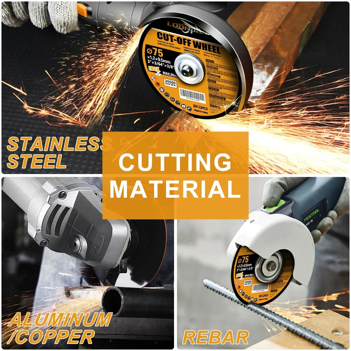 Loonpon 75mm/3inch Resin Cutting Disc 9.5mm Bore Circular Saw Blade Cut Off Wheel Angle Grinder Discs for Metal Stainless Steel