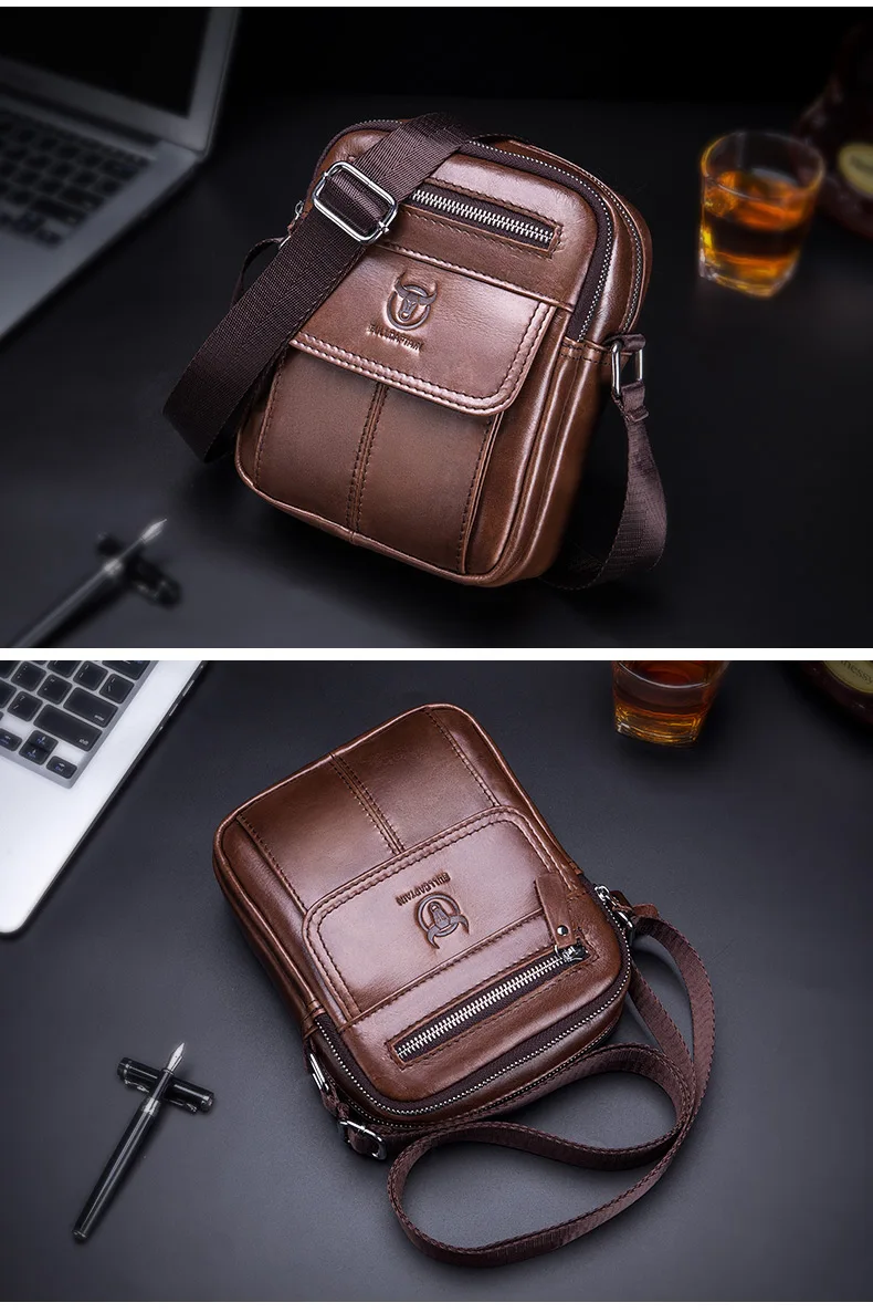 Bullcaptain Casual Men's Shoulder Bags Business Messenger Bag High-Quality Men's Cow Leather Bag's Mini Large Capacity Pocket
