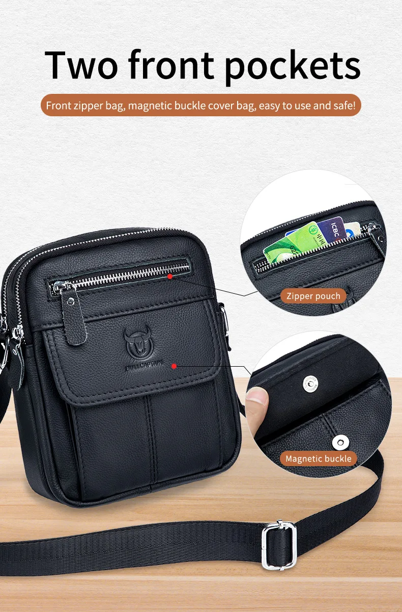 Bullcaptain Casual Men's Shoulder Bags Business Messenger Bag High-Quality Men's Cow Leather Bag's Mini Large Capacity Pocket