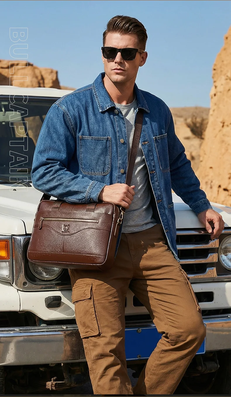 BULLCAPTAIN Briefcase Shoulder Messenger Bags Men's Genuine Leather 14-inch Laptop Bag's Men's Briefcase Office Business Handbag