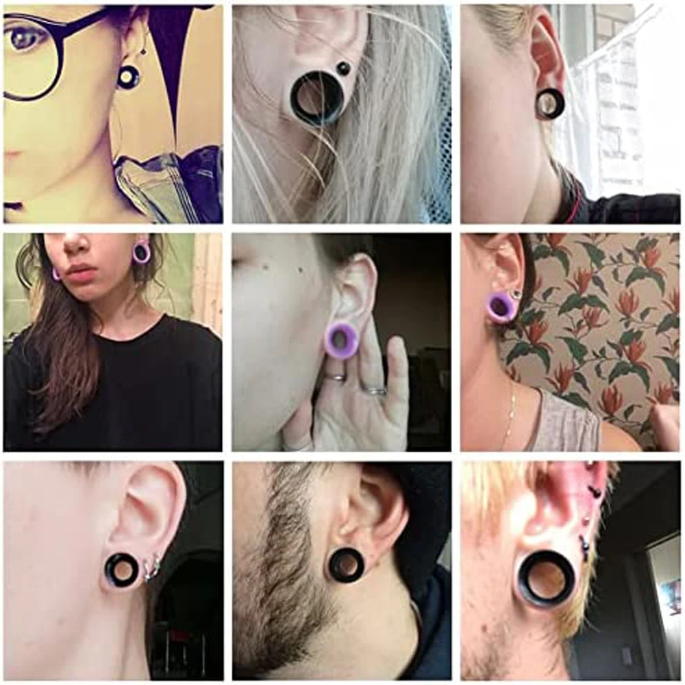 WKOUD 1 Pairs/4 Psirs Silicone Earplug Tunnel Flexible Meat Hole Earplug Expander Perforated Jewelry Black White Purple 3-38mm