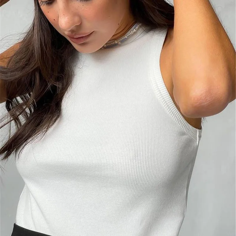Ribbed Knitted Tops Neck Summer Basic Shirts White Black Casual Sport Vest Off Shoulder Green Women's Tank Top