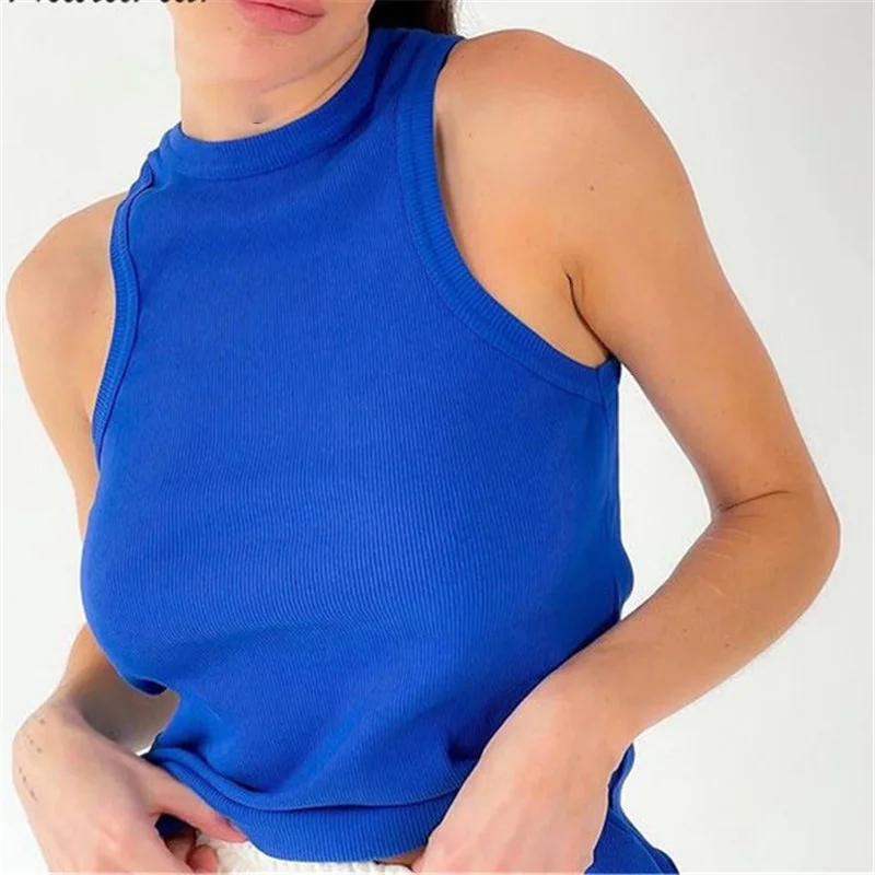 Ribbed Knitted Tops Neck Summer Basic Shirts White Black Casual Sport Vest Off Shoulder Green Women's Tank Top