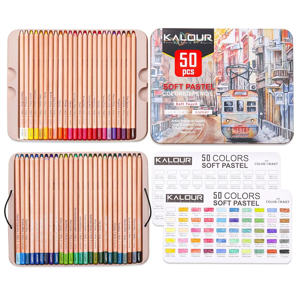 KALOUR Premium Charcoal Colored Pencils Set of 72/50 Colors, Artists Soft Core Pro Pastel Chalk Drawing Tools, Portable Tin Box