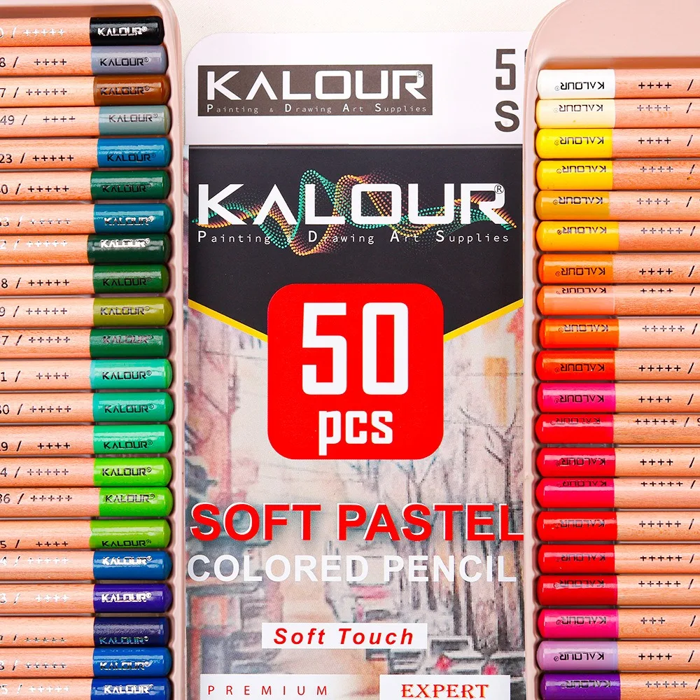 KALOUR Premium Charcoal Colored Pencils Set of 72/50 Colors, Artists Soft Core Pro Pastel Chalk Drawing Tools, Portable Tin Box