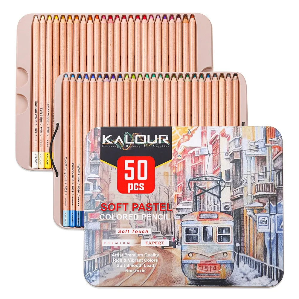 KALOUR Premium Charcoal Colored Pencils Set of 72/50 Colors, Artists Soft Core Pro Pastel Chalk Drawing Tools, Portable Tin Box
