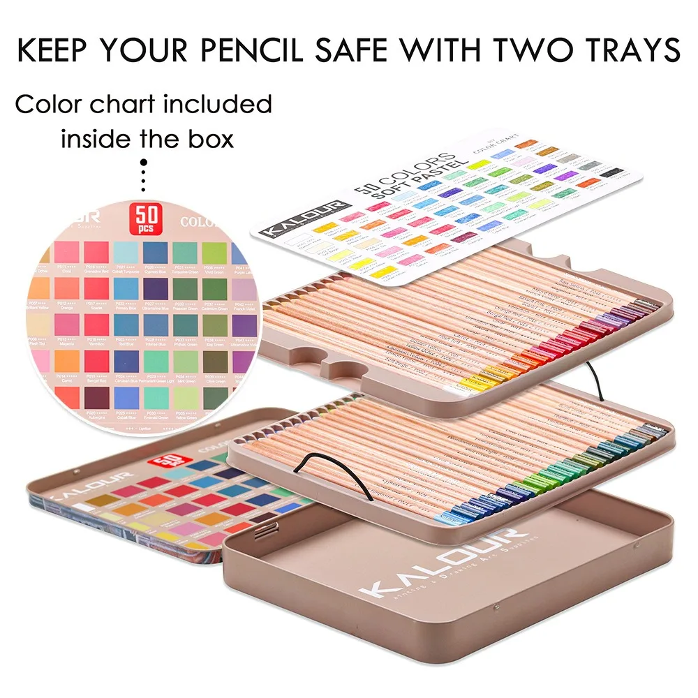 KALOUR Premium Charcoal Colored Pencils Set of 72/50 Colors, Artists Soft Core Pro Pastel Chalk Drawing Tools, Portable Tin Box