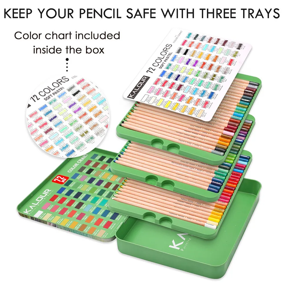 KALOUR Premium Charcoal Colored Pencils Set of 72/50 Colors, Artists Soft Core Pro Pastel Chalk Drawing Tools, Portable Tin Box