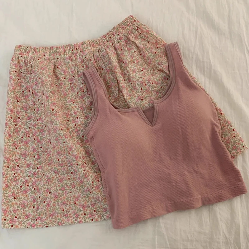 Korean Style Sexy Cute Little Emerald Flower Vest Women's Home Clothes With Chest Cushion Comfortable Cotton Pajamas Set
