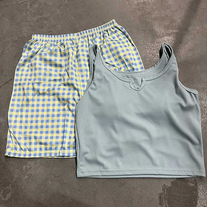 Korean Style Sexy Cute Little Emerald Flower Vest Women's Home Clothes With Chest Cushion Comfortable Cotton Pajamas Set