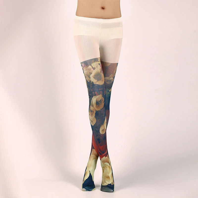 Japanese Style Floral Printed Tattoo Pantyhose Y2k Women Stylish Velvet Stockings Nightclub Tights Sweet Lolita Tattoo Pantyhose