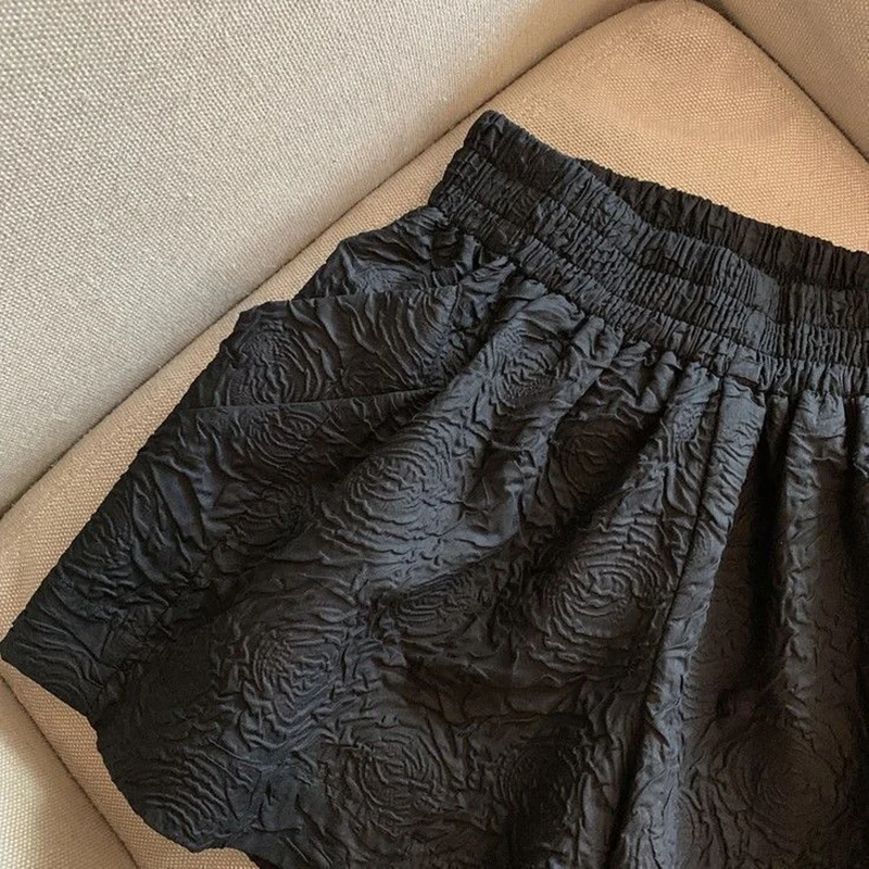 Women's Casual Wide Leg Shorts Vintage Black White Jacquard Shorts Female Korean Chic Elastic High Waist Streetwear Short Pants