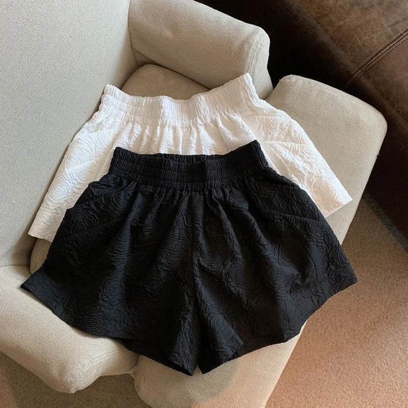 Women's Casual Wide Leg Shorts Vintage Black White Jacquard Shorts Female Korean Chic Elastic High Waist Streetwear Short Pants