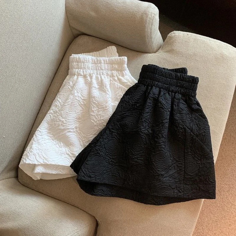 Women's Casual Wide Leg Shorts Vintage Black White Jacquard Shorts Female Korean Chic Elastic High Waist Streetwear Short Pants