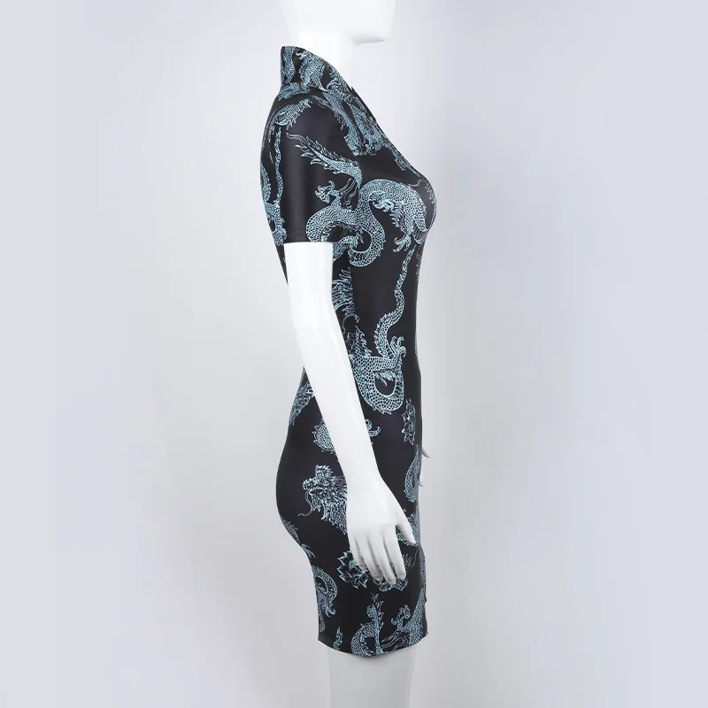 Ins Hotselling Chinese Cheongsam Dress Plus Size Qipao Vintage Dresses Dragon Print Oriental Fashion Streetwear Retro Chinese