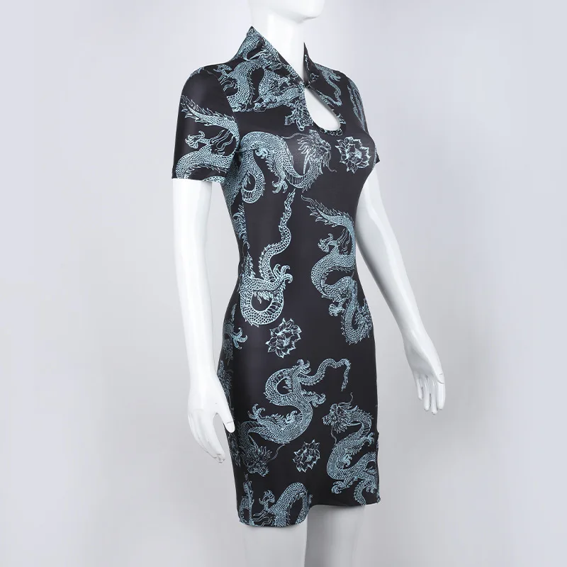 Ins Hotselling Chinese Cheongsam Dress Plus Size Qipao Vintage Dresses Dragon Print Oriental Fashion Streetwear Retro Chinese