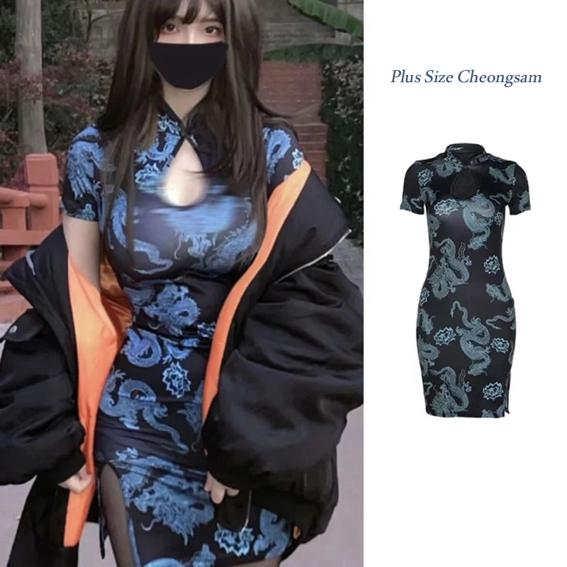 Ins Hotselling Chinese Cheongsam Dress Plus Size Qipao Vintage Dresses Dragon Print Oriental Fashion Streetwear Retro Chinese