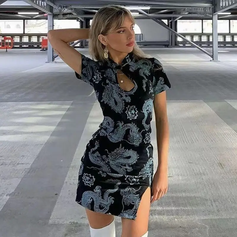 Ins Hotselling Chinese Cheongsam Dress Plus Size Qipao Vintage Dresses Dragon Print Oriental Fashion Streetwear Retro Chinese