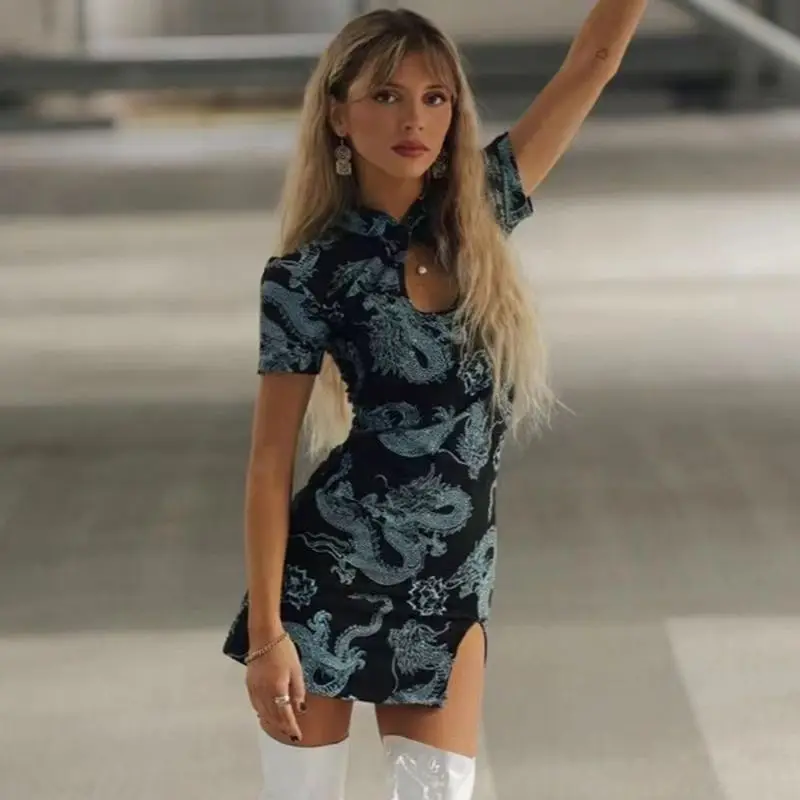 Ins Hotselling Chinese Cheongsam Dress Plus Size Qipao Vintage Dresses Dragon Print Oriental Fashion Streetwear Retro Chinese