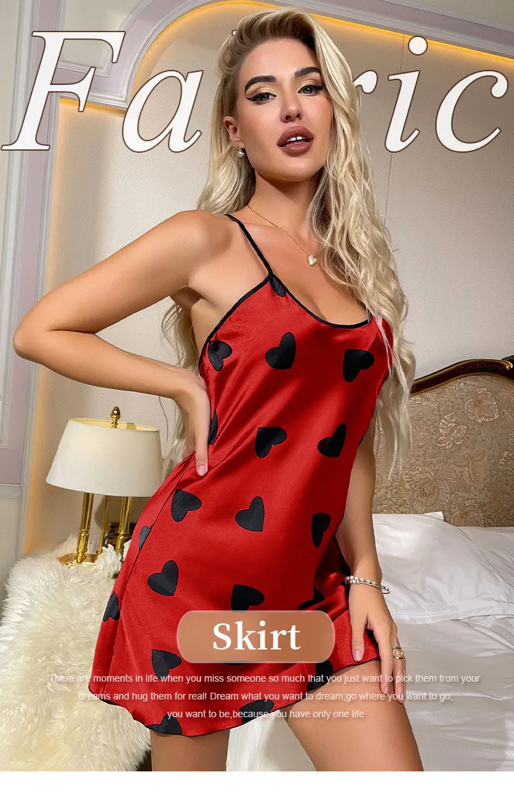 Heart Print Slip Nightdress Casual Crew Neck Criss Cross Back Sleepwear Women's Dresses