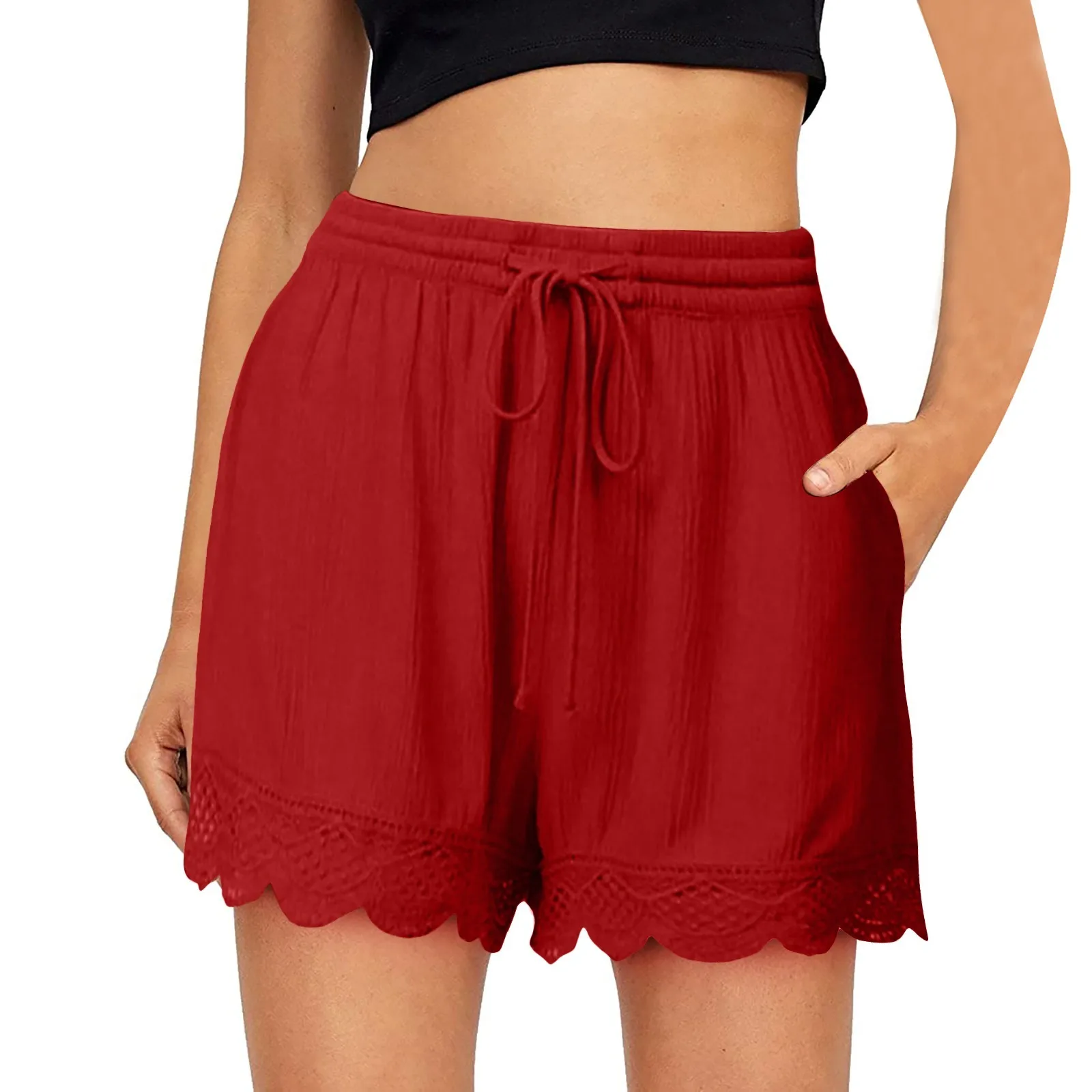 Shorts For Women Ruffle Hem Casual Shorts Plus Size Drawstring Lace Shorts