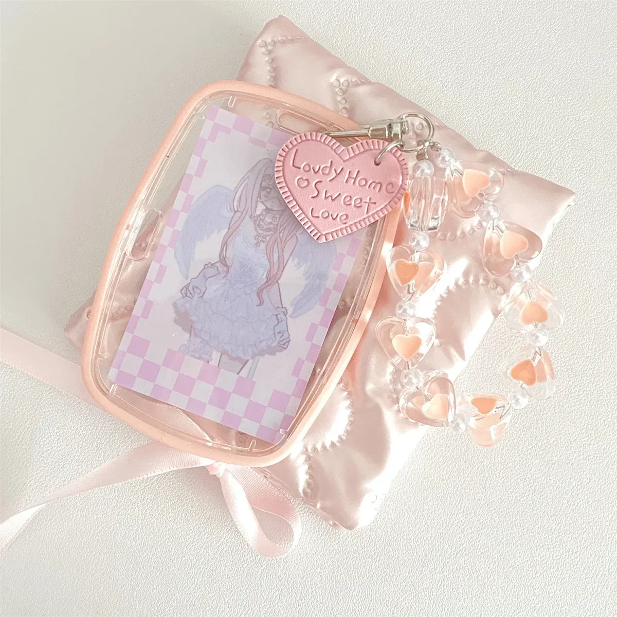 Cute Women Girls Pink Ellipse Photocard Holder Korean Fashion Kpop Idol Photo Card Organizer Kawaii ID Card Holder with Pendant