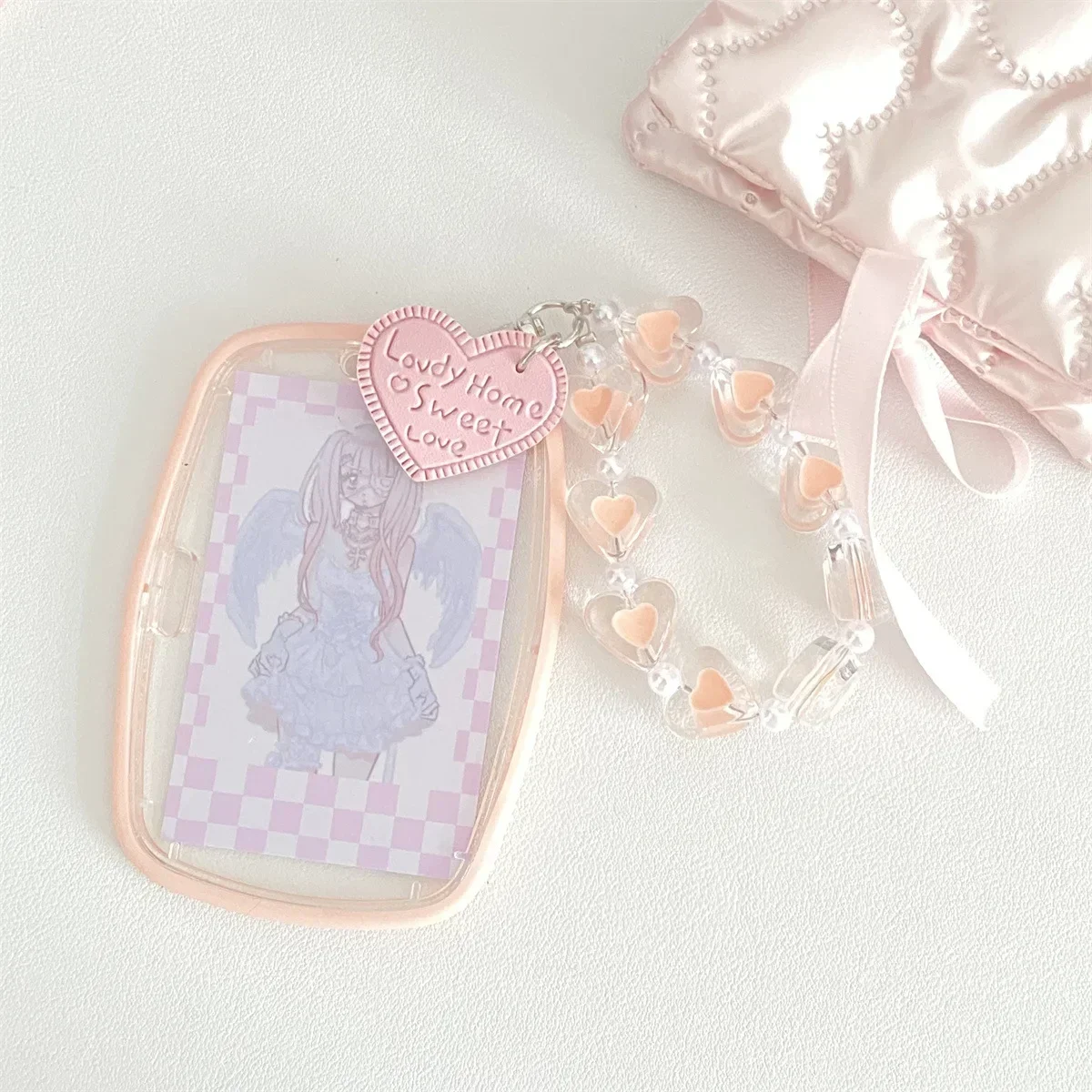 Cute Women Girls Pink Ellipse Photocard Holder Korean Fashion Kpop Idol Photo Card Organizer Kawaii ID Card Holder with Pendant