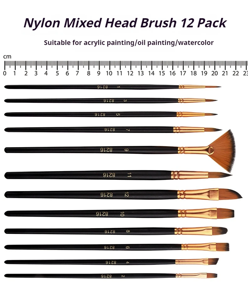 12 PCS Nylon Bristle Brushes Set for Artists And Amateurs - Flat Brushes for Watercolor Oil Paint Acrylic Painting