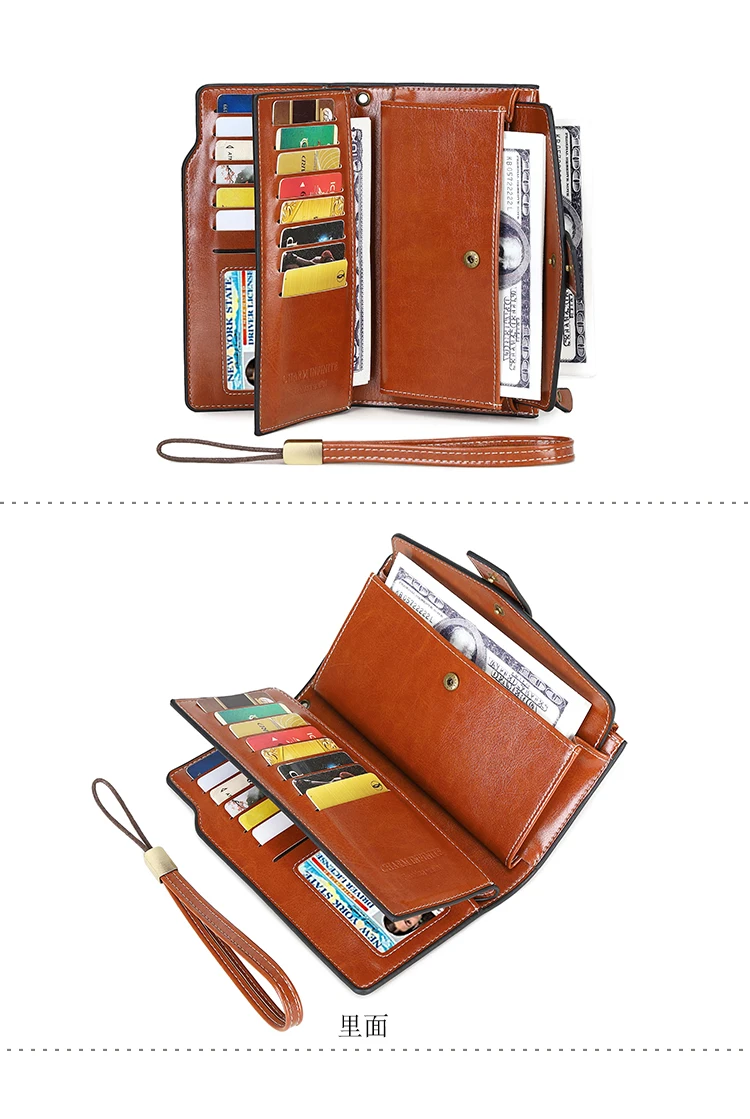 RFID Retro Large Capacity Long Wallet Solid Color Multi-Card Women's Purse Multi-Function Zipper Wallet With Wrist Strap