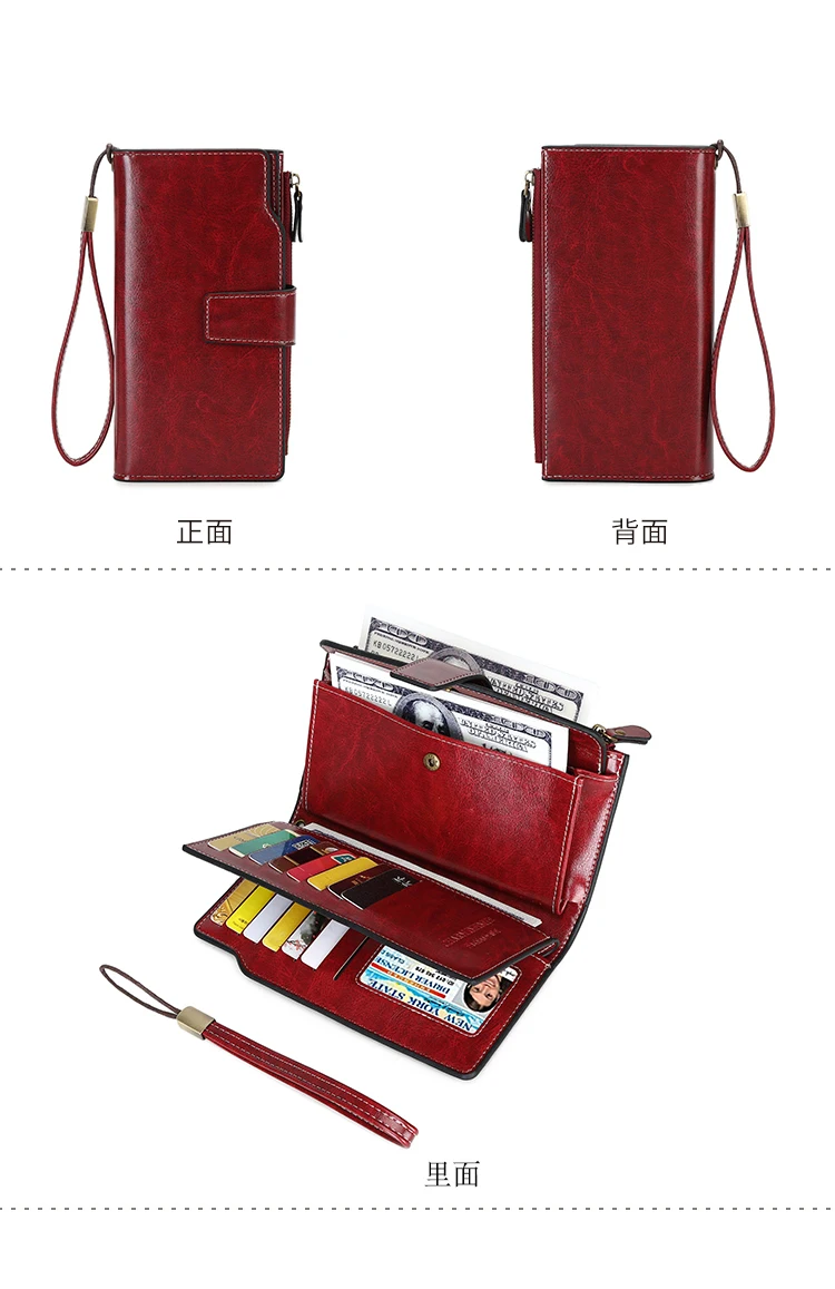 RFID Retro Large Capacity Long Wallet Solid Color Multi-Card Women's Purse Multi-Function Zipper Wallet With Wrist Strap