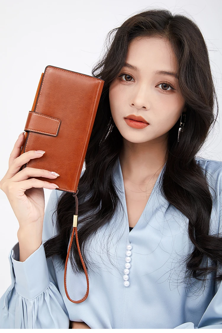 RFID Retro Large Capacity Long Wallet Solid Color Multi-Card Women's Purse Multi-Function Zipper Wallet With Wrist Strap