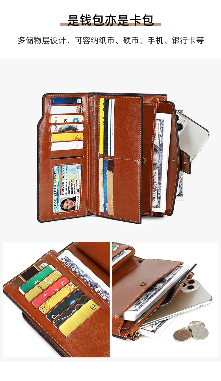 RFID Retro Large Capacity Long Wallet Solid Color Multi-Card Women's Purse Multi-Function Zipper Wallet With Wrist Strap