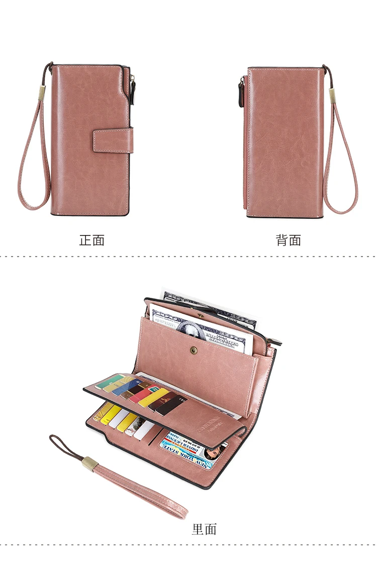 RFID Retro Large Capacity Long Wallet Solid Color Multi-Card Women's Purse Multi-Function Zipper Wallet With Wrist Strap