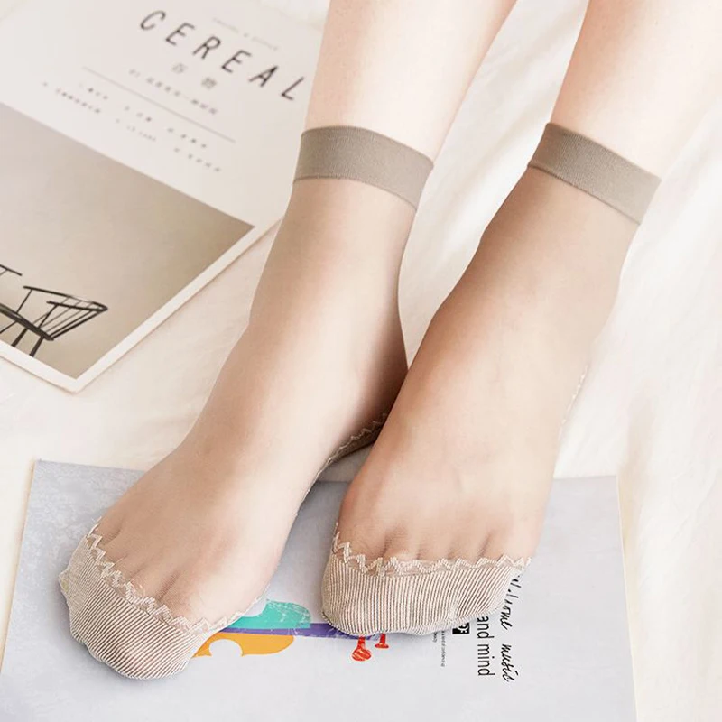 10/20 Pairs Short Socks Women Ultrathin Elastic Lace Transparent Sock Woman Summer Breathable Non-Slip Bottom Splice Cotton Sock