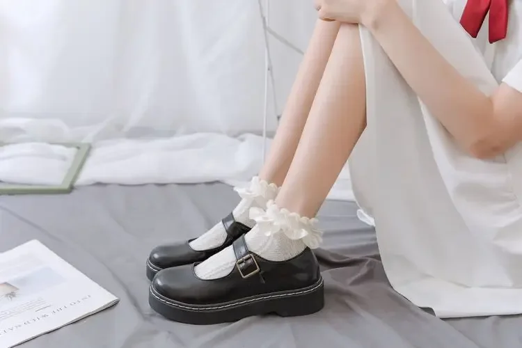 JK Woman Socks Solid Black White Lolita Lacework Ruffle Socks Summer Thin Kawaii Sweet Girls Cute Short Socks Women