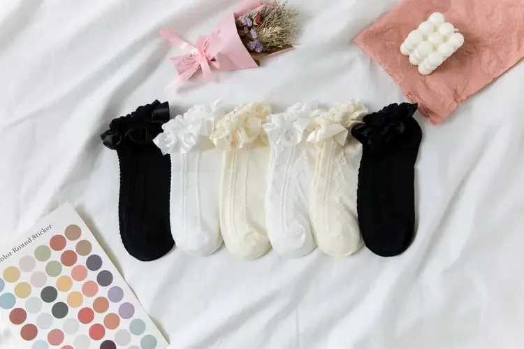 JK Woman Socks Solid Black White Lolita Lacework Ruffle Socks Summer Thin Kawaii Sweet Girls Cute Short Socks Women