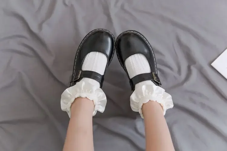 JK Woman Socks Solid Black White Lolita Lacework Ruffle Socks Summer Thin Kawaii Sweet Girls Cute Short Socks Women