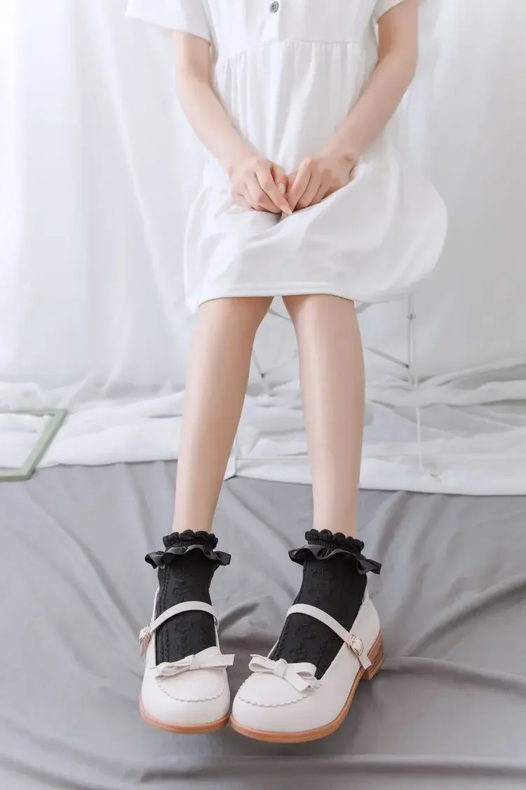 JK Woman Socks Solid Black White Lolita Lacework Ruffle Socks Summer Thin Kawaii Sweet Girls Cute Short Socks Women