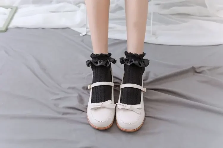 JK Woman Socks Solid Black White Lolita Lacework Ruffle Socks Summer Thin Kawaii Sweet Girls Cute Short Socks Women