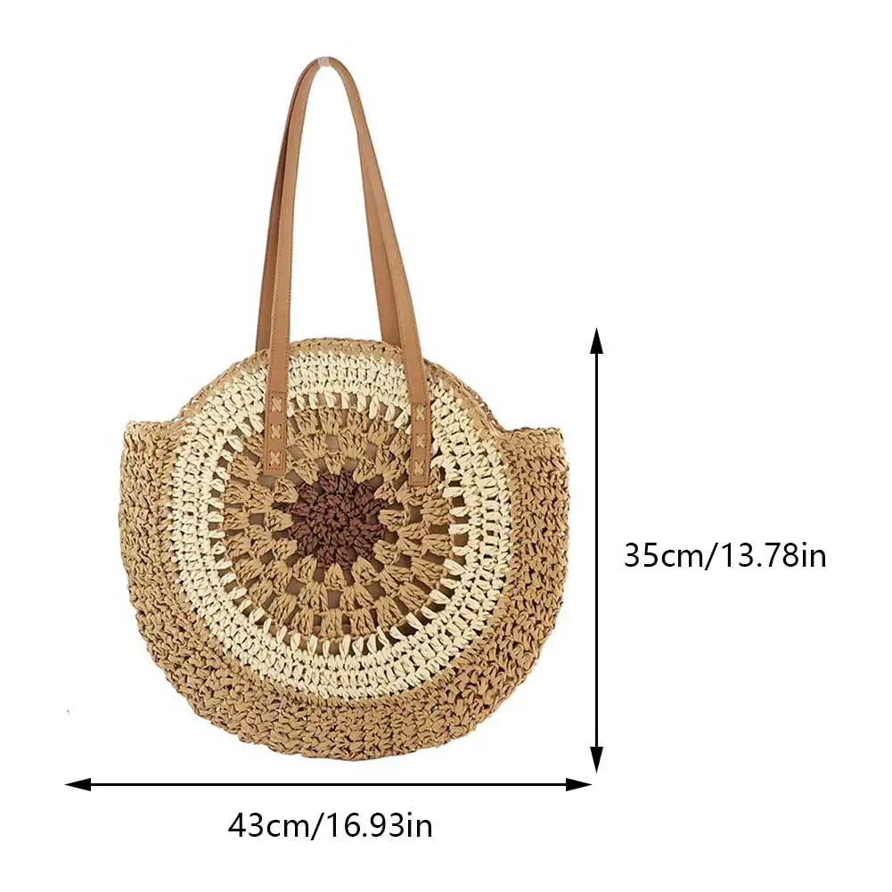 Round Summer Straw Bag with Zipper Closure Beach Shoulder Bag with Color Collision Large Woven Beach Bag Holiday Travel Handbag