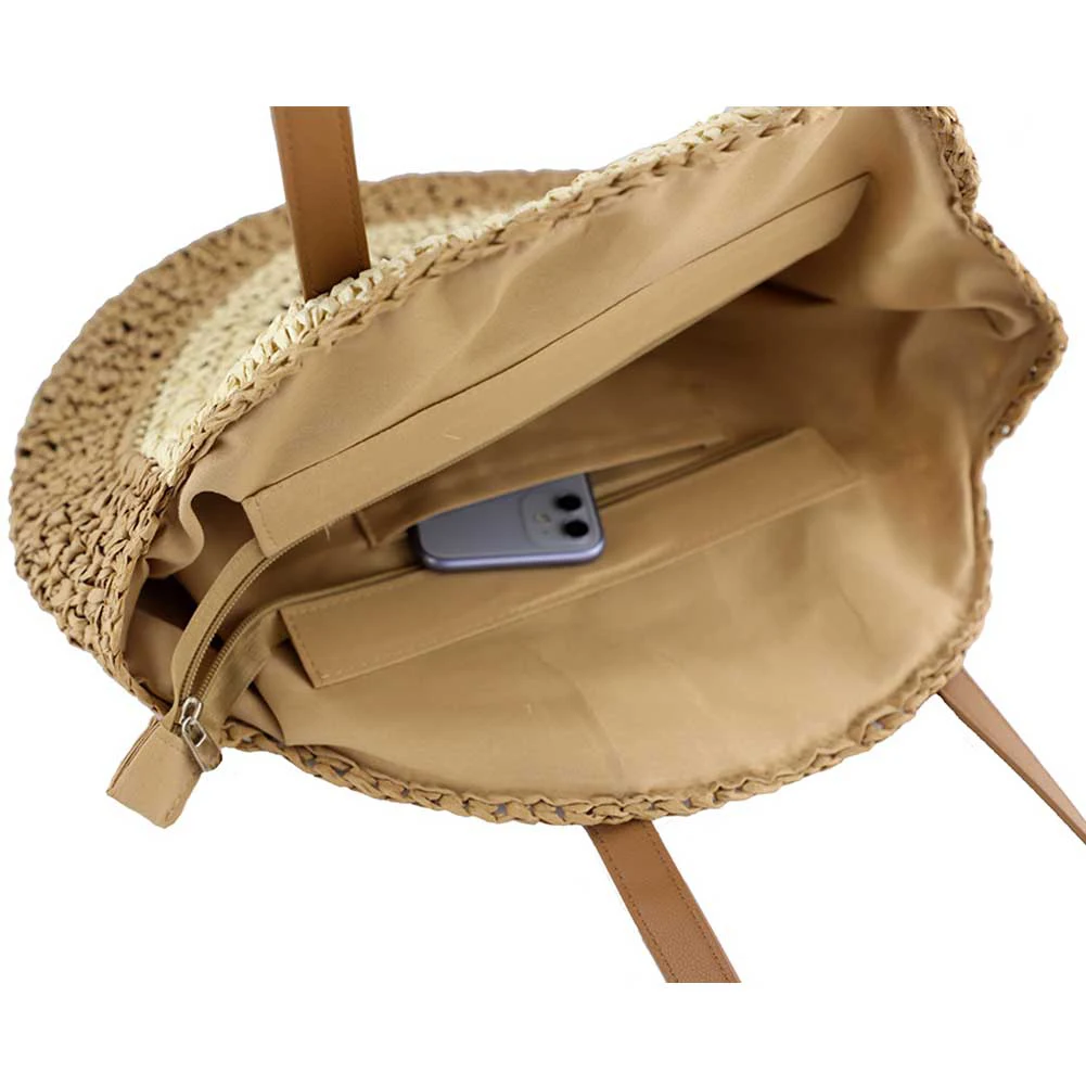 Round Summer Straw Bag with Zipper Closure Beach Shoulder Bag with Color Collision Large Woven Beach Bag Holiday Travel Handbag