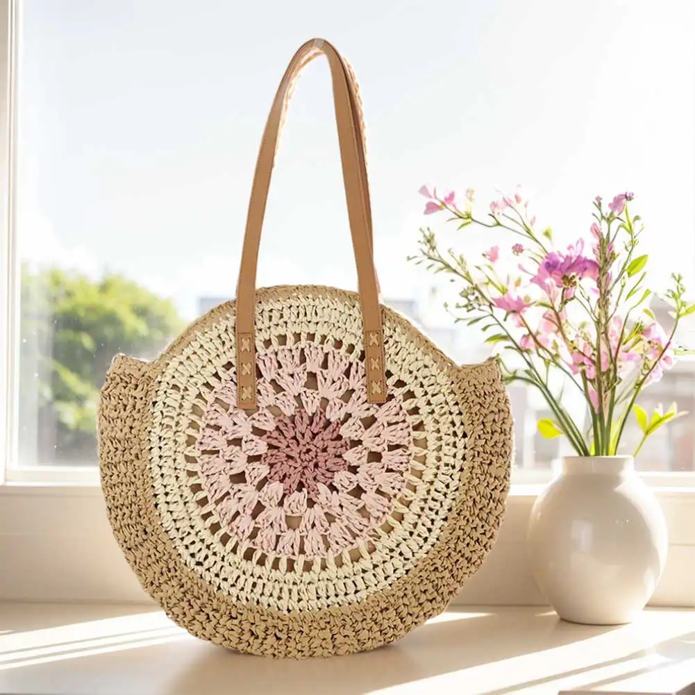 Round Summer Straw Bag with Zipper Closure Beach Shoulder Bag with Color Collision Large Woven Beach Bag Holiday Travel Handbag